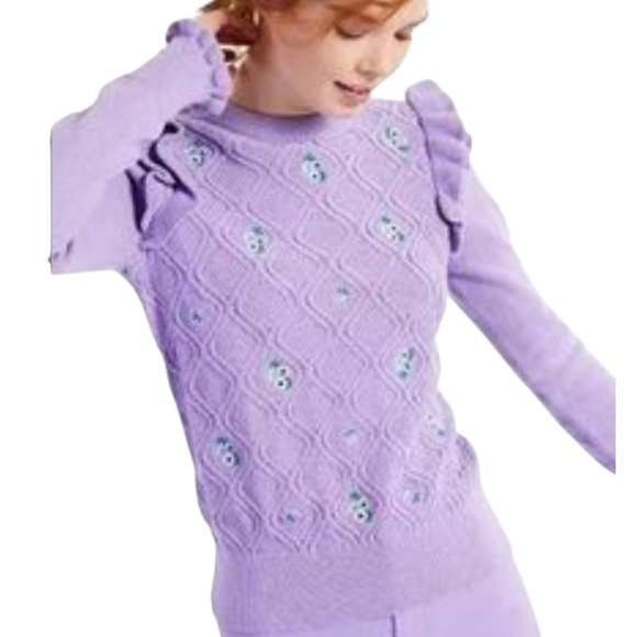Charter Club Sweaters - Charter Club Lavender‎ Floral Ruffle Sweater Size Medium Petite